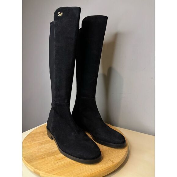Stuart Weitzman Women's Keelan Suede Pull On Knee High Boots Black Side 4B - Picture 2 of 9